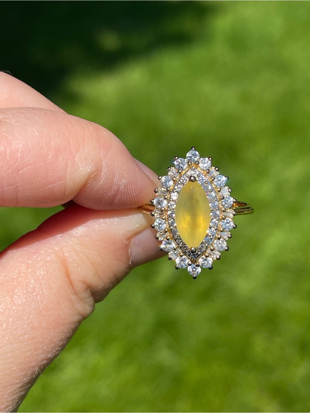 Canary opal and white zircon Ring